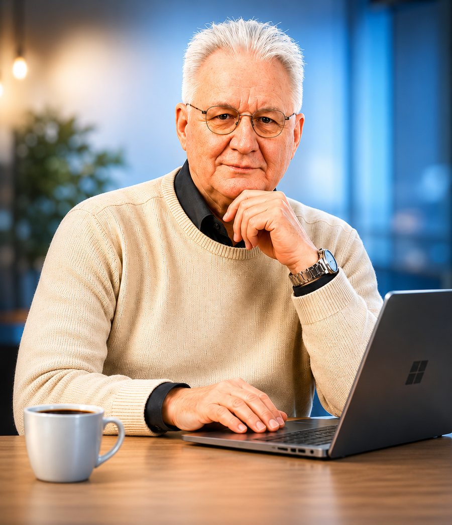 Klaus-G. Broscheit am Schreibtisch, vor sich ein aufgeklappter Laptop und eine Tasse Kaffee